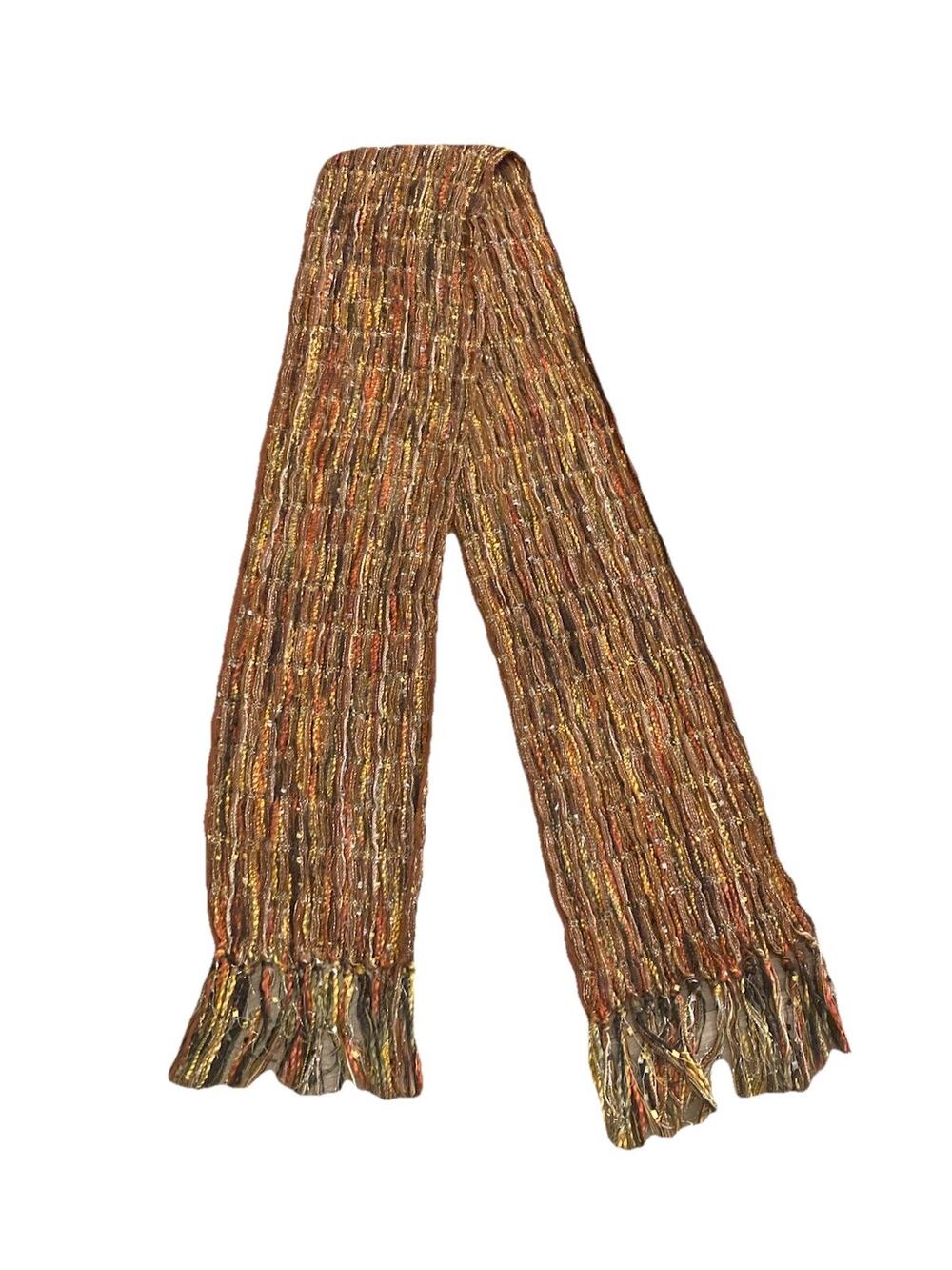 Women's Bohemian Boho Brown, Gold, Rust Scarf With Knot Fringe Multicolor 73” L